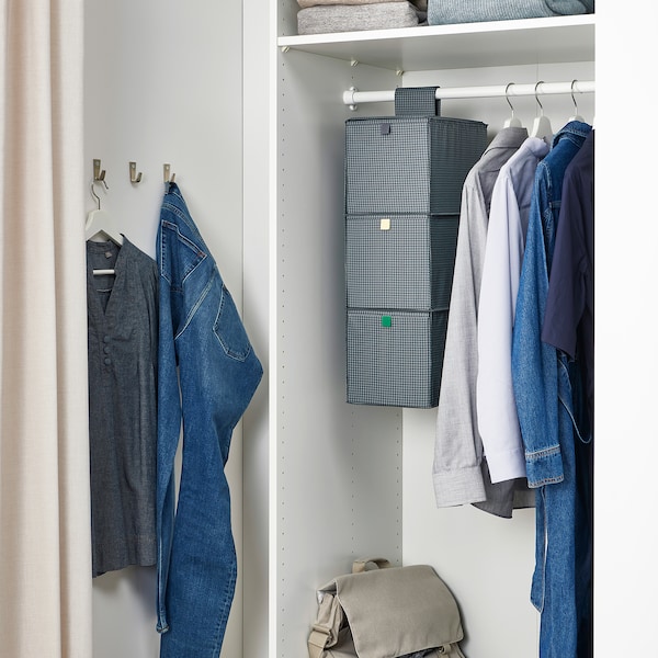 IKEA PLUGGLAND hanging storage/3 compartments, check pattern/black, 8 ¾x11 ¾x24 ½ in, Ikea Ireland | 1237XPWCV
