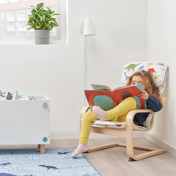 IKEA POÄNG kid's armchair Birch Veneer / Medskog Dinosaur Pattern, Ikea Ireland | 7406XPLZC