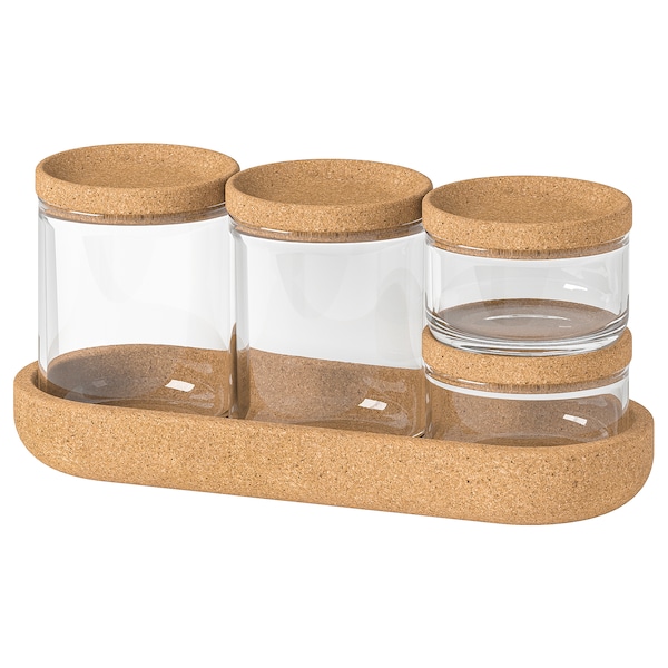 IKEA SAXBORGA jar with lid and tray, set of 5, glass cork, Ikea Ireland | 9582PTEXV