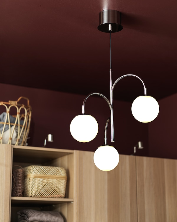 IKEA SIMRISHAMN Pendant lamp, 3-armed, chrome plated, opal glass, Ikea Ireland | 0596NCGYI