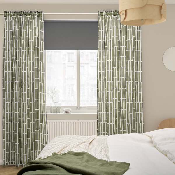 IKEA SKOGSSTJÄRNA curtains, 1 pair, gray-green/white, 57x98 in, Ikea Ireland | 5614MRHBO