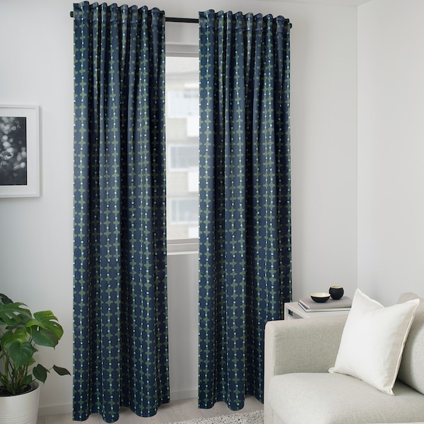 IKEA SKOGSSVINGEL room darkening curtains, 1 pair, dark blue/green, 50x98 in, Ikea Ireland | 9650XURMZ