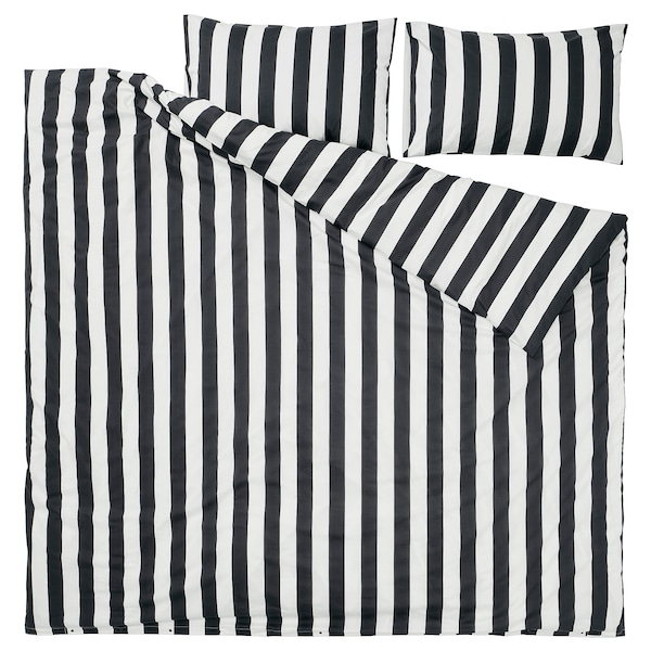 IKEA SLÅNHÖSTMAL duvet cover and pillowcase(s), Full/Queen (Double/Queen) Black / White / Stripe, Ikea Ireland | 5097MXQNZ