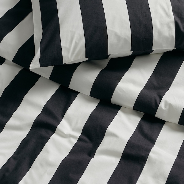 IKEA SLÅNHÖSTMAL duvet cover and pillowcase(s), Full/Queen (Double/Queen) Black / White / Stripe, Ikea Ireland | 5097MXQNZ