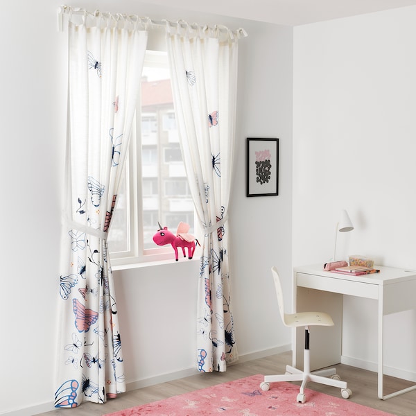 IKEA SÅNGLÄRKA Curtains with tie-backs, 1 pair, butterfly, white blue, 47x98 in, Ikea Ireland | 1746WBLYX