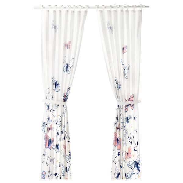 IKEA SÅNGLÄRKA Curtains with tie-backs, 1 pair, butterfly, white blue, 47x98 in, Ikea Ireland | 1746WBLYX