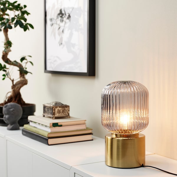 IKEA SOLKLINT table lamp, brass/gray clear glass, 11 in, Ikea Ireland | 9516EMSRP
