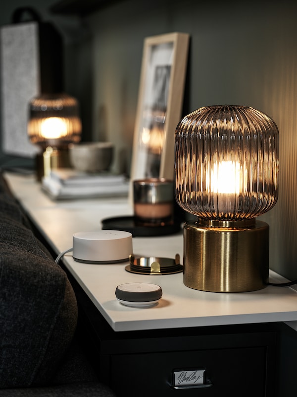 IKEA SOLKLINT table lamp, brass/gray clear glass, 11 in, Ikea Ireland | 9516EMSRP