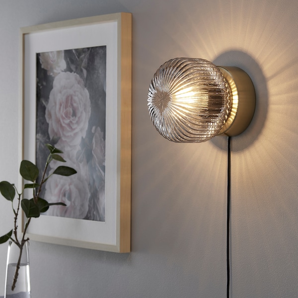 IKEA SOLKLINT wall lamp, brass/gray clear glass, Ikea Ireland | 3748TCEVD
