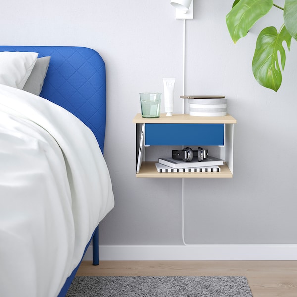 IKEA STOMSÖ wall-mounted bedside table, birch effect white/blue, 14 1/8x11 3/8x7 7/8 in, Ikea Ireland | 1580VQFLI