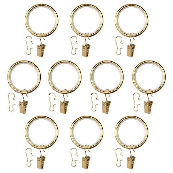 IKEA SYRLIG curtain ring with clip and hook, 1 1/2 in, 10 pack Brass Color, Ikea Ireland | 1975RIPZL