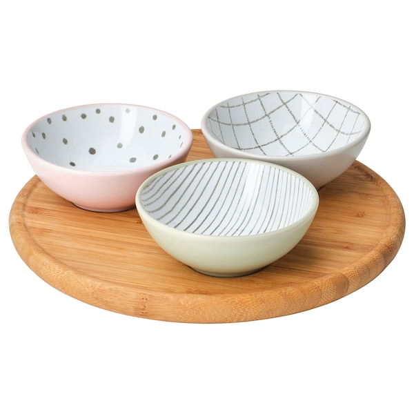 IKEA TRÅDTICKA tray with 3 bowls, multicolor/bamboo, Ikea Ireland | 9017QMOJF