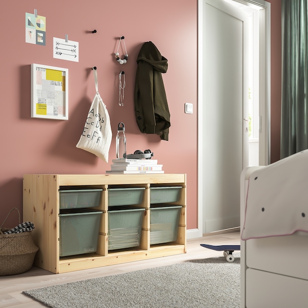 IKEA TROFAST storage combination with boxes, 36 5/8x17 3/8x20 1/2 in Light White Stained Pine / Light Green / Gray, Ikea Ireland | 2710TIPDU