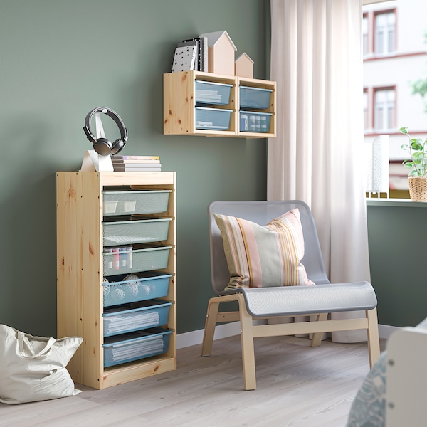 IKEA TROFAST storage combination with boxes, 17 3/8x11 3/4x35 7/8 in Light White Stained Pine Green / Gray / Gray / Blue, Ikea Ireland | 8764WNDUG