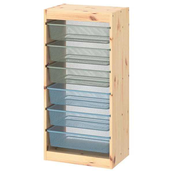 IKEA TROFAST storage combination with boxes, 17 3/8x11 3/4x35 7/8 in Light White Stained Pine Green / Gray / Gray / Blue, Ikea Ireland | 8764WNDUG
