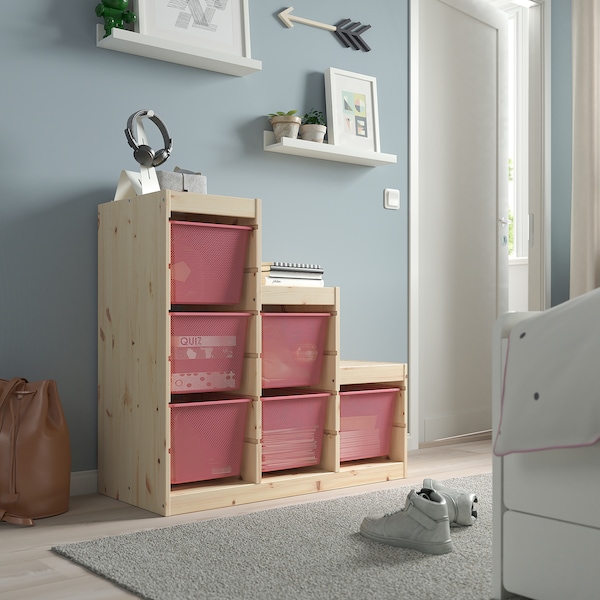 IKEA TROFAST storage combination with boxes, 37x17 3/8x35 7/8 in Light White Stained Pine / Light Red, Ikea Ireland | 1723KDHOR