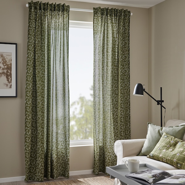 IKEA TRYSTÄVMAL curtains, 1 pair, 57x98 in Green / White, Ikea Ireland | 6437KYUDS