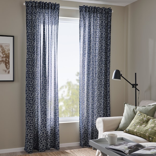 IKEA TRYSTÄVMAL curtains, 1 pair, dark blue/white, 57x98 in Dark Blue / White, Ikea Ireland | 5839TYNPF