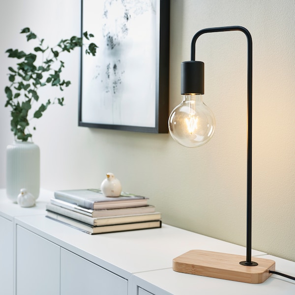 IKEA TVÄRHAND table lamp with LED bulb, black/bamboo, Ikea Ireland | 8571WUADR
