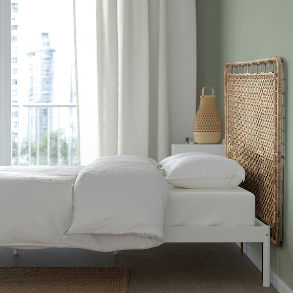 IKEA VEVELSTAD bed frame with 2 headboards, Queen White / Tolkning Rattan, Ikea Ireland | 9015LMVIJ