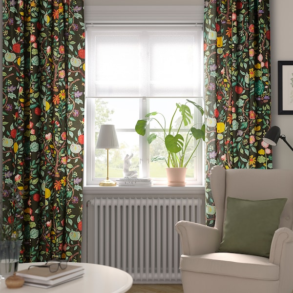 IKEA VILDPERSILJA curtains, 1 pair, 57x98 in Black / Green Multicolor / Floral Pattern, Ikea Ireland | 7350XFLJV