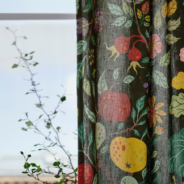 IKEA VILDPERSILJA curtains, 1 pair, 57x98 in Black / Green Multicolor / Floral Pattern, Ikea Ireland | 7350XFLJV