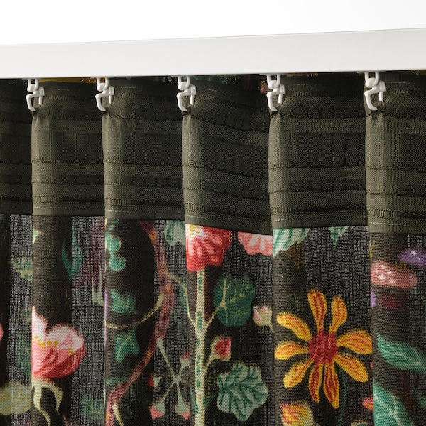 IKEA VILDPERSILJA curtains, 1 pair, 57x98 in Black / Green Multicolor / Floral Pattern, Ikea Ireland | 7350XFLJV