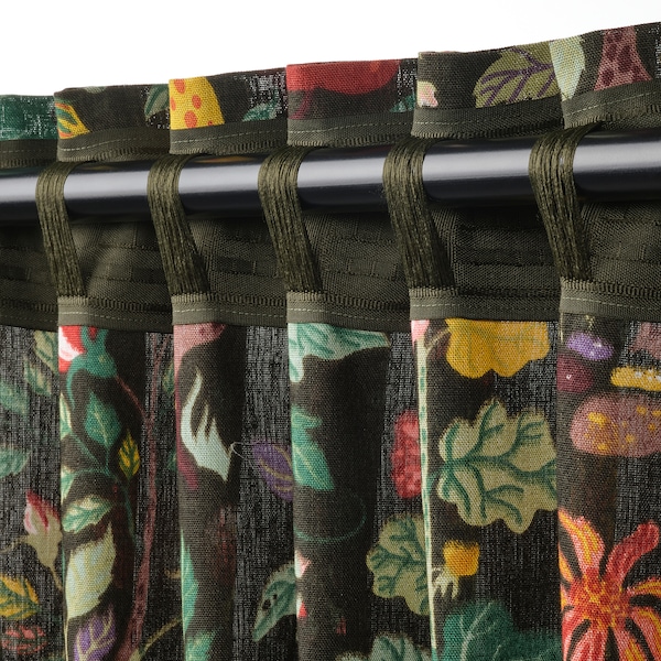 IKEA VILDPERSILJA curtains, 1 pair, 57x98 in Black / Green Multicolor / Floral Pattern, Ikea Ireland | 7350XFLJV