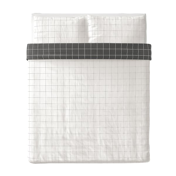 IKEA VITKLÖVER duvet cover and pillowcase(s), Full/Queen (Double/Queen) White Black / Check, Ikea Ireland | 0912QAJVP