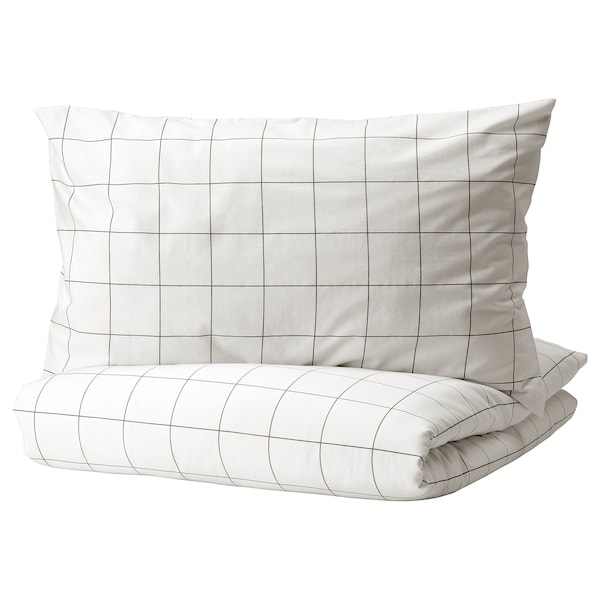IKEA VITKLÖVER duvet cover and pillowcase(s), Full/Queen (Double/Queen) White Black / Check, Ikea Ireland | 0912QAJVP