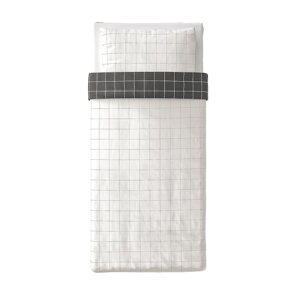 IKEA VITKLÖVER duvet cover and pillowcase(s), Twin White Black / Check, Ikea Ireland | 3659LZVFN