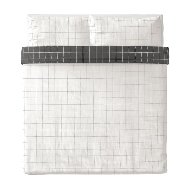 IKEA VITKLÖVER duvet cover and pillowcase(s), King White Black / Check, Ikea Ireland | 7264BDLCF