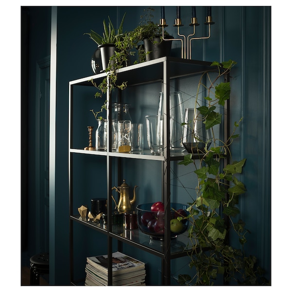 IKEA VITTSJÖ Shelf unit, glass, Width: 39 3/8 in Black / Brown, Ikea Ireland | 9460ROGEK