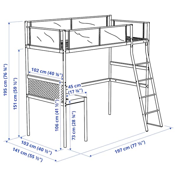 IKEA VITVAL loft bed frame with desk top, Twin White / Light Gray, Ikea Ireland | 9205ISMPT