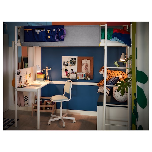 IKEA VITVAL loft bed frame with desk top, Twin White / Light Gray, Ikea Ireland | 9205ISMPT